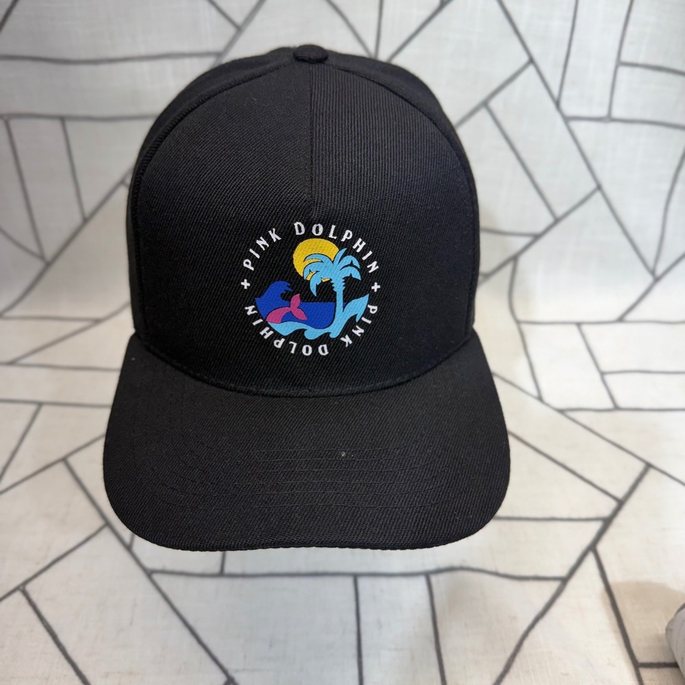 Pink Dolphin Snapback Hat OS Black Palm Tree‎ Wave Graphic Cap